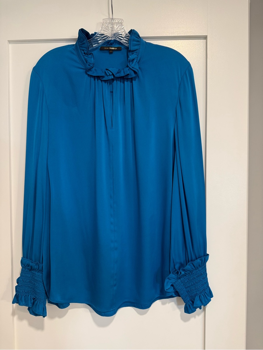 Kobi Halperin Blue Ruffle-Neck Blouse, Size XL